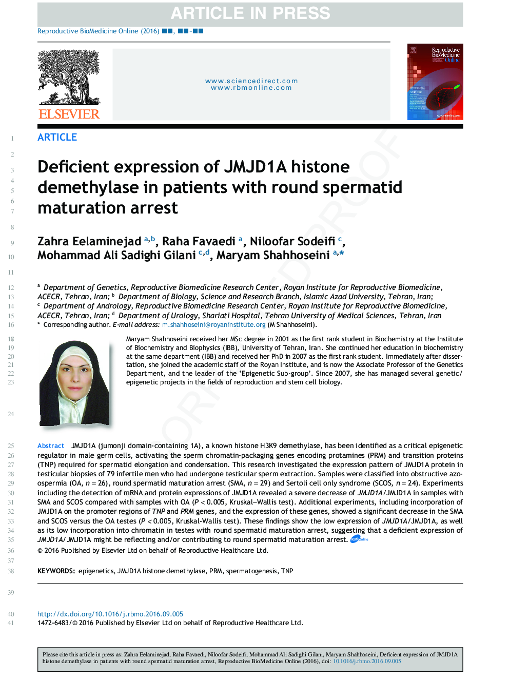 Deficient expression of JMJD1A histone demethylase in patients with round spermatid maturation arrest