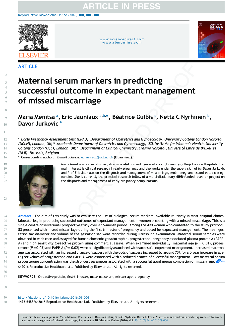 Maternal serum markers in predicting successful outcome in expectant management of missed miscarriage