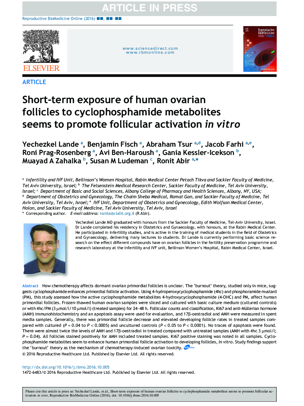 Short-term exposure of human ovarian follicles to cyclophosphamide metabolites seems to promote follicular activation in vitro