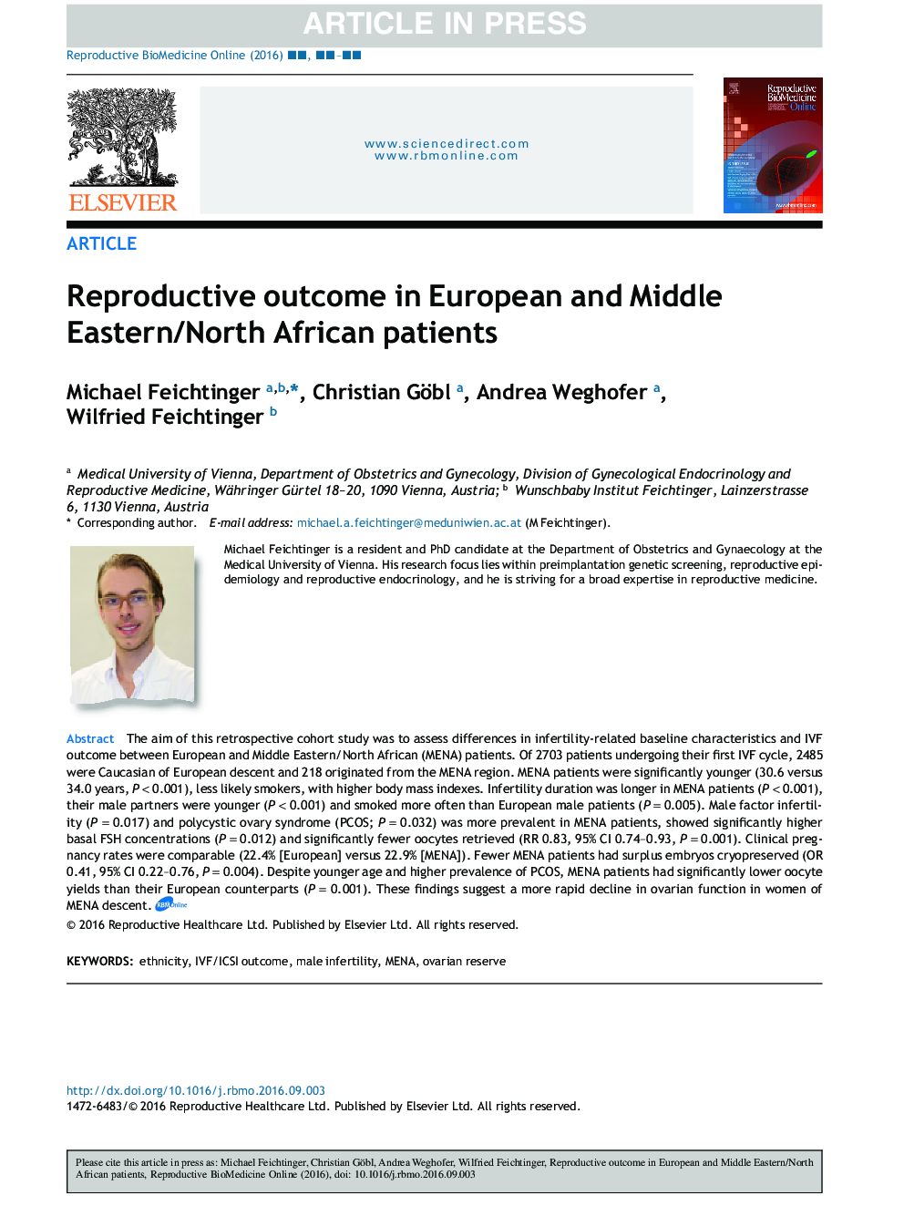 Reproductive outcome in European and Middle Eastern/North African patients