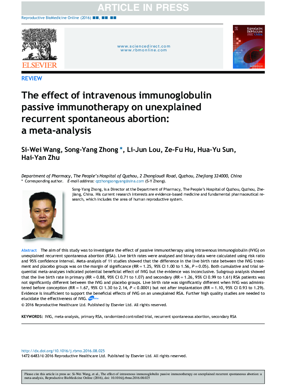 The effect of intravenous immunoglobulin passive immunotherapy on unexplained recurrent spontaneous abortion: a meta-analysis