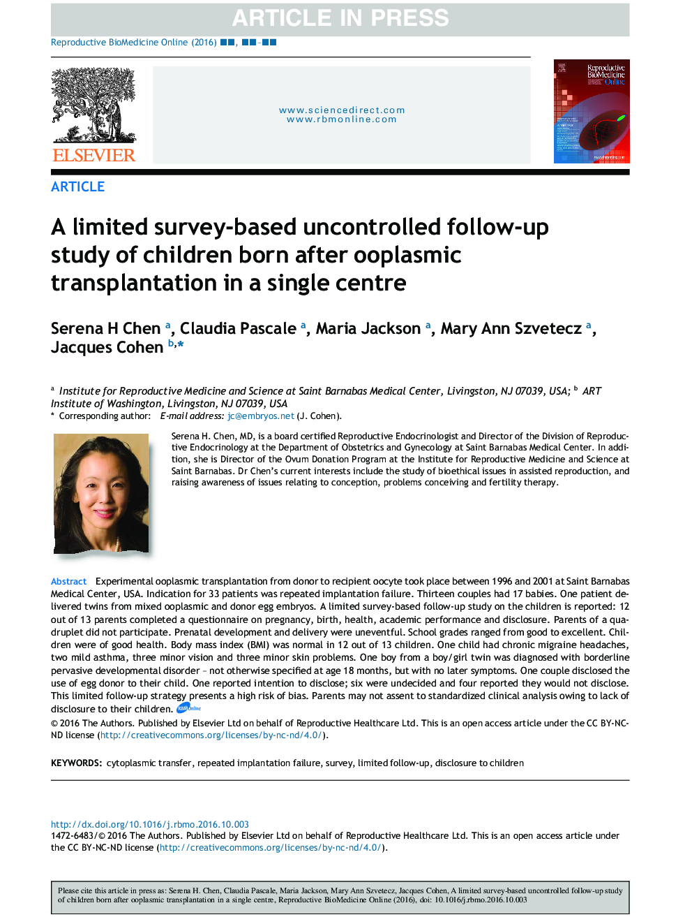 A limited survey-based uncontrolled follow-up study of children born after ooplasmic transplantation in a single centre