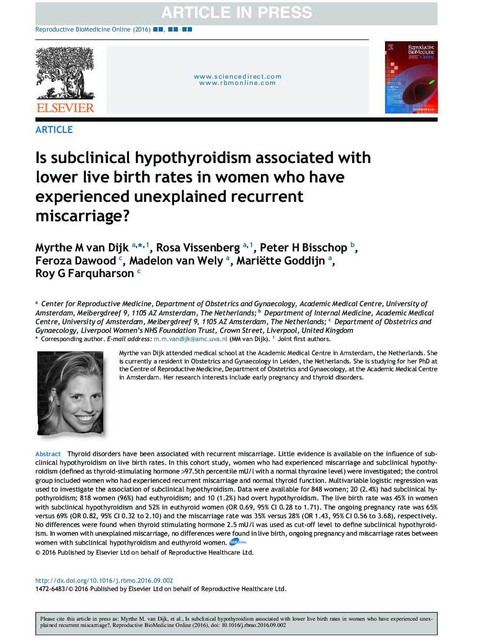 Is subclinical hypothyroidism associated with lower live birth rates in women who have experienced unexplained recurrent miscarriage?