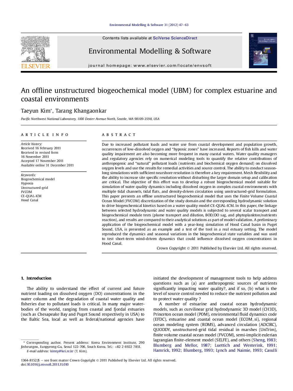 An offline unstructured biogeochemical model (UBM) for complex estuarine and coastal environments