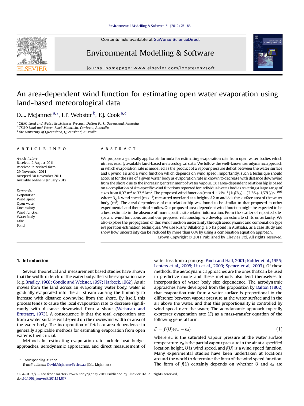 An area-dependent wind function for estimating open water evaporation using land-based meteorological data