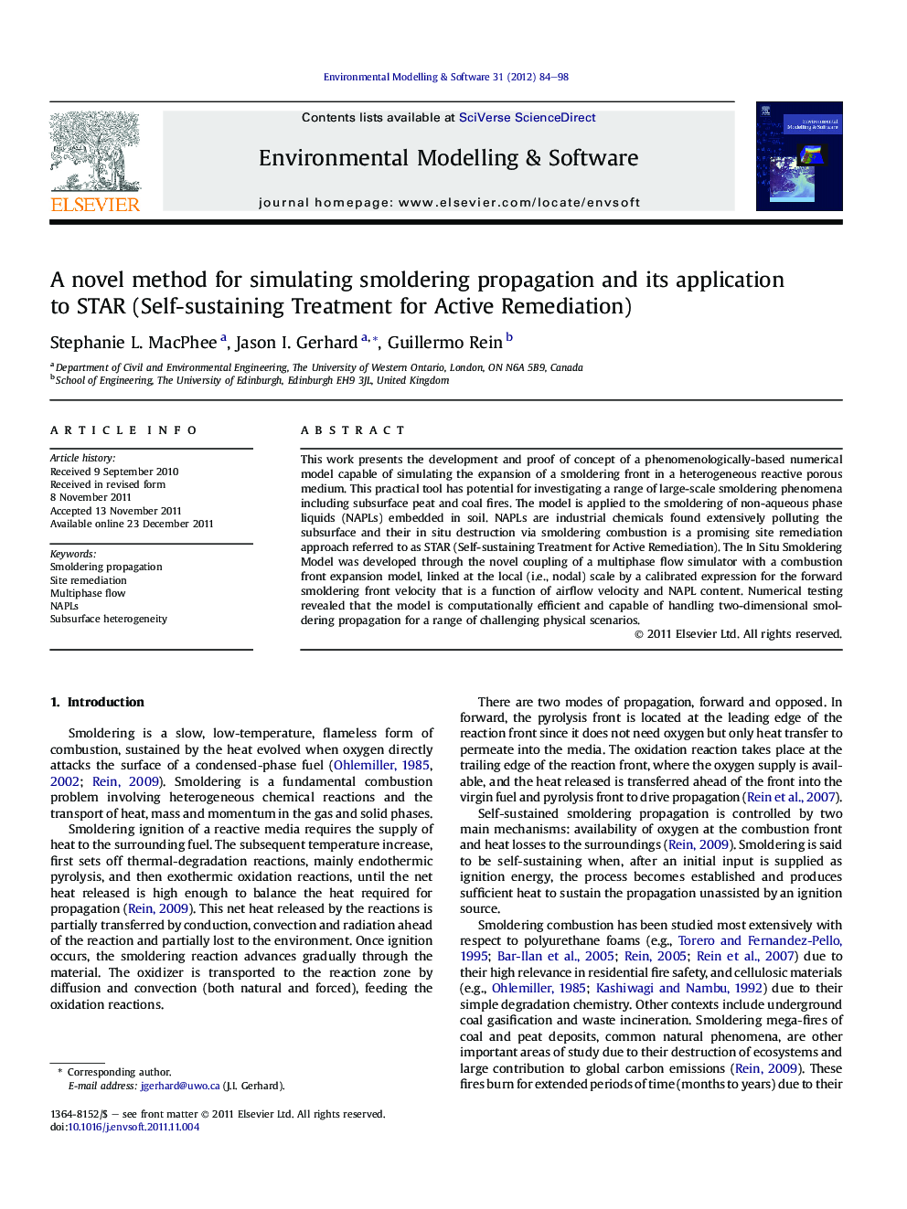 A novel method for simulating smoldering propagation and its application to STAR (Self-sustaining Treatment for Active Remediation)