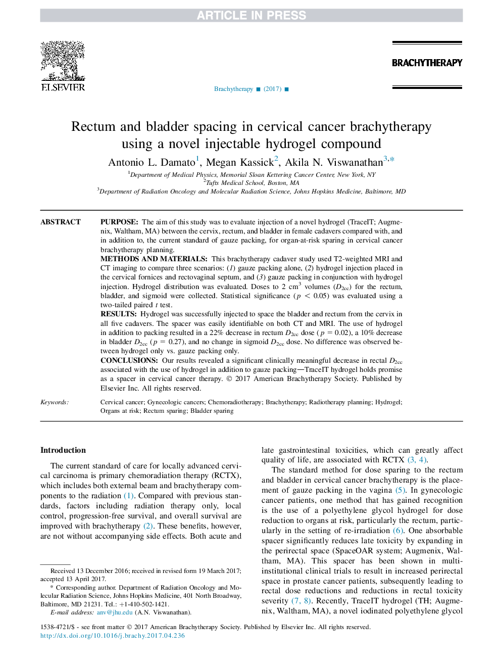 Rectum and bladder spacing in cervical cancer brachytherapy using a novel injectable hydrogel compound