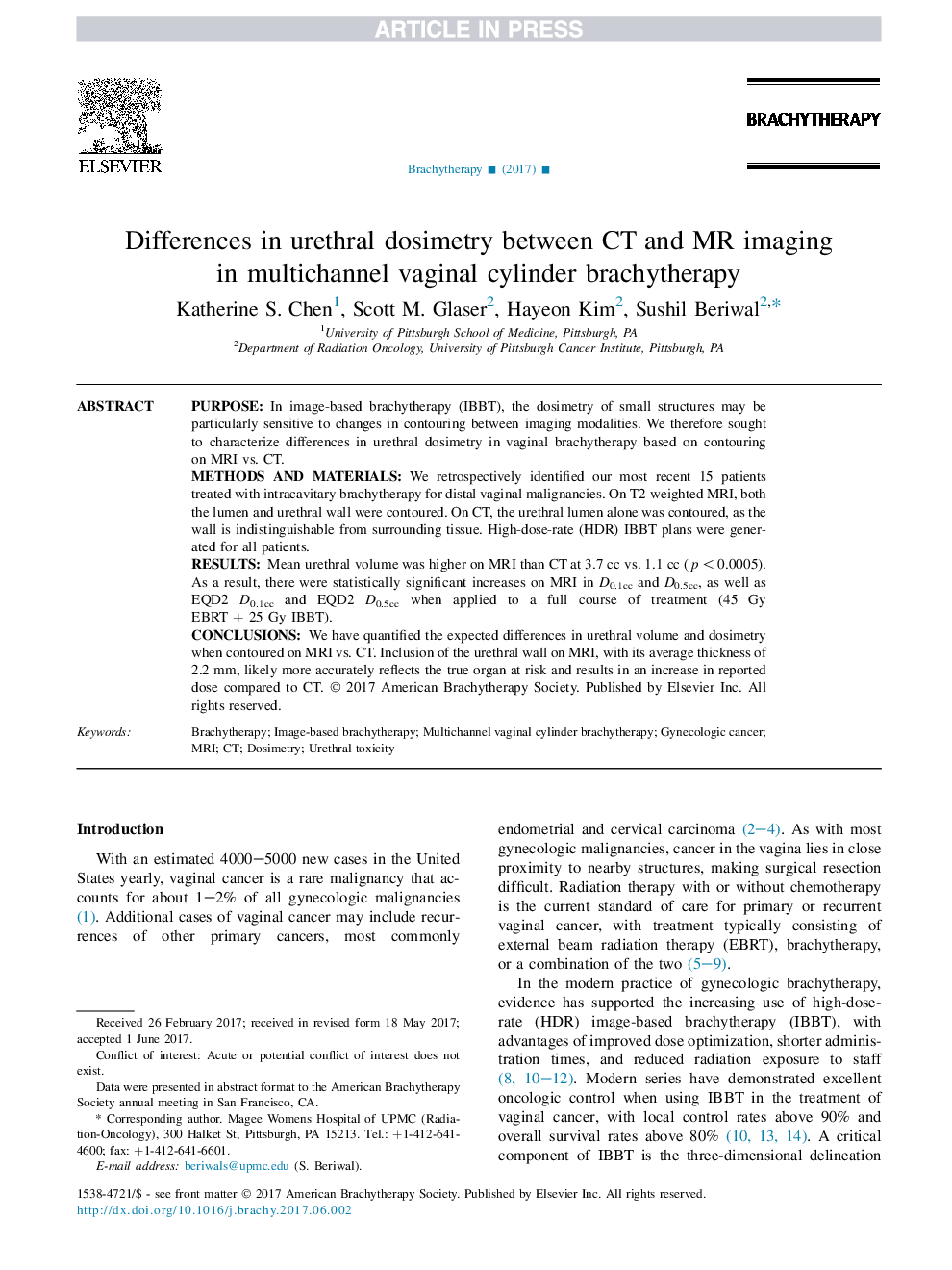 Differences in urethral dosimetry between CT and MR imaging in multichannel vaginal cylinder brachytherapy