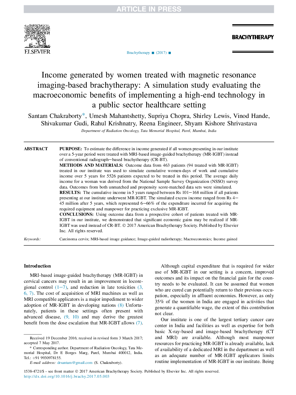 Income generated by women treated with magnetic resonance imaging-based brachytherapy: A simulation study evaluating the macroeconomic benefits of implementing a high-end technology in a public sector healthcare setting