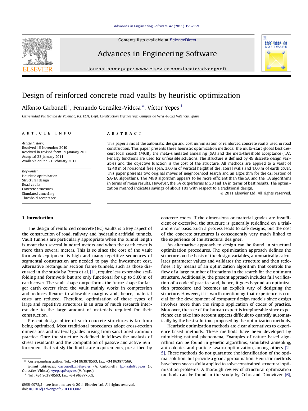 Design of reinforced concrete road vaults by heuristic optimization