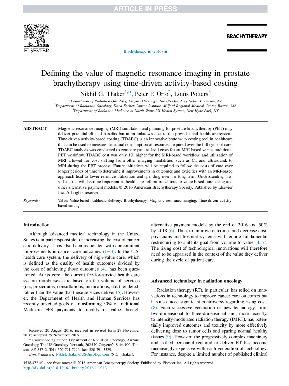 تعریف ارزش تصویربرداری رزونانس مغناطیسی در براکیتریپیا پروستات با استفاده از هزینه های مبتنی بر فعالیت مبتنی بر فعالیت 