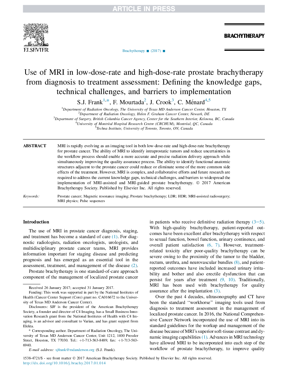 استفاده از تصویربرداری رزونانس مغناطیسی در برشیتراپی پروستات با دوز کم و با دوز بالا از تشخیص تا ارزیابی درمان: تعریف شکاف دانش، چالش های فنی و موانع اجرای 