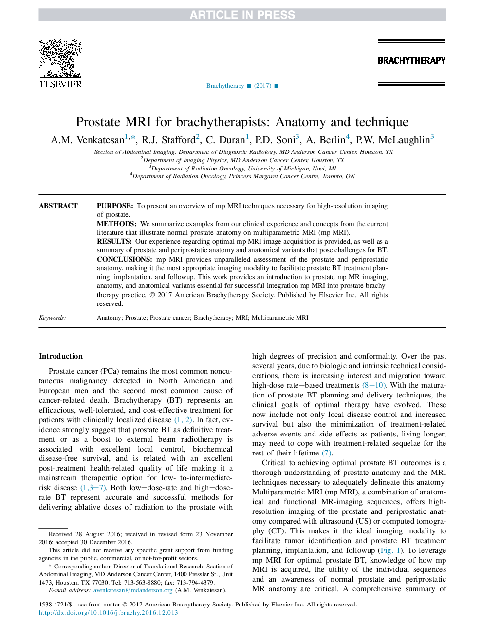 Prostate magnetic resonance imaging for brachytherapists: Anatomy and technique