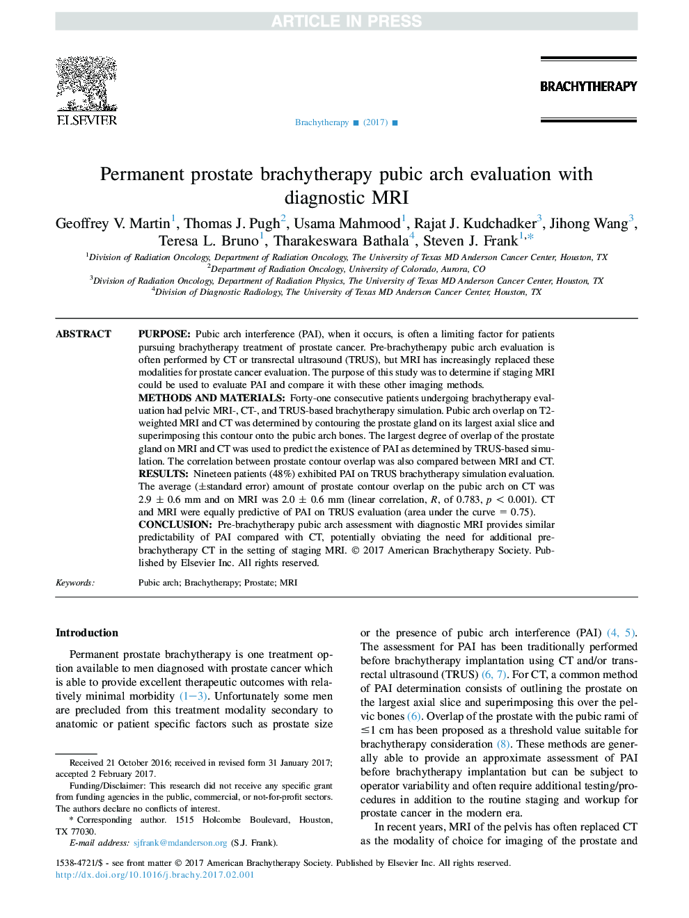 Permanent prostate brachytherapy pubic arch evaluation with diagnostic magnetic resonance imaging