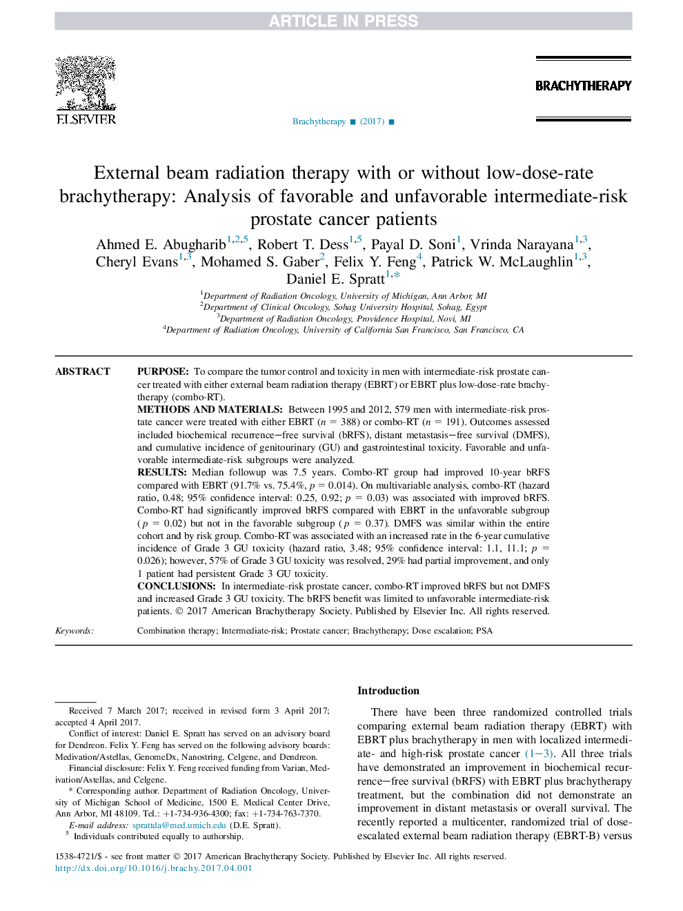 External beam radiation therapy with or without low-dose-rate brachytherapy: Analysis of favorable and unfavorable intermediate-risk prostate cancer patients