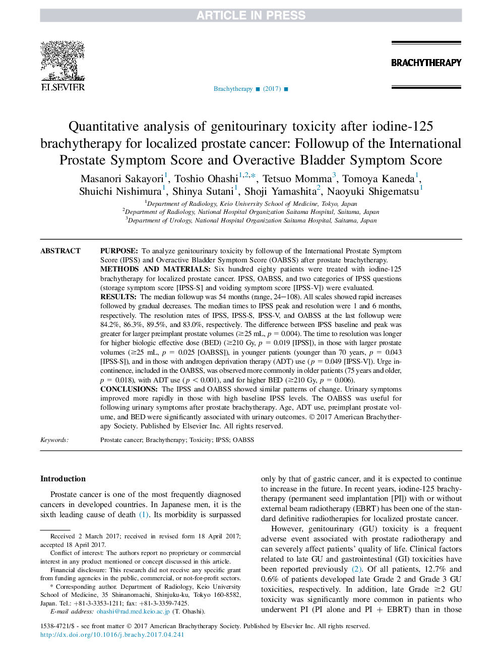 تجزیه و تحلیل کمی از سمیت ژنتیکی ناشی از بروکریتایید ید 125 برای سرطان پروستات موضعی: پیگیری نمره علائم بینایی پروستات و علائم حاد قلبی 