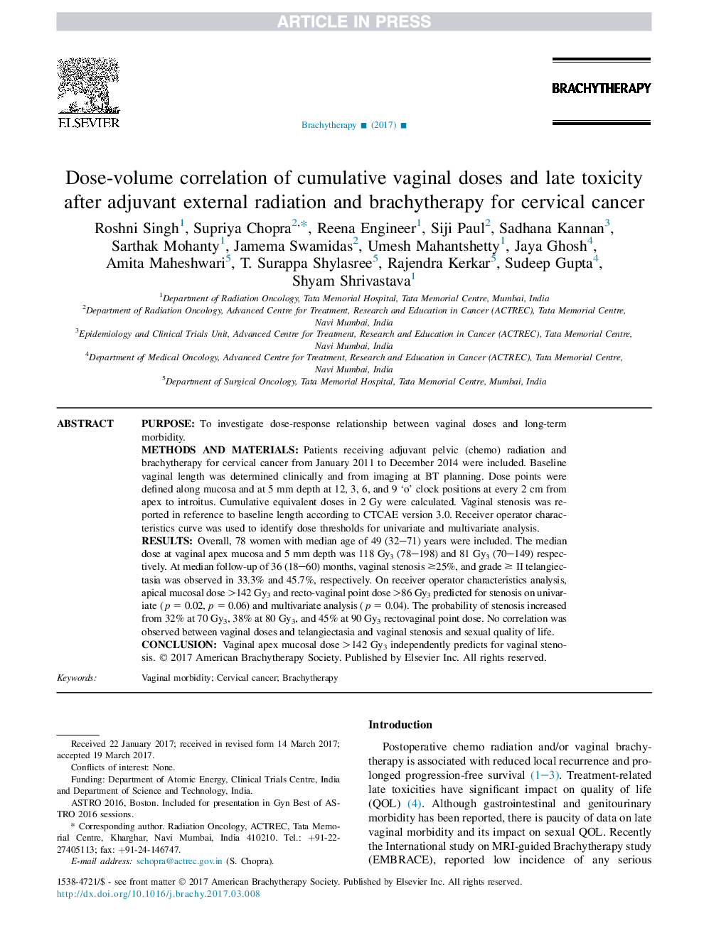 Dose-volume correlation of cumulative vaginal doses and late toxicity after adjuvant external radiation and brachytherapy for cervical cancer