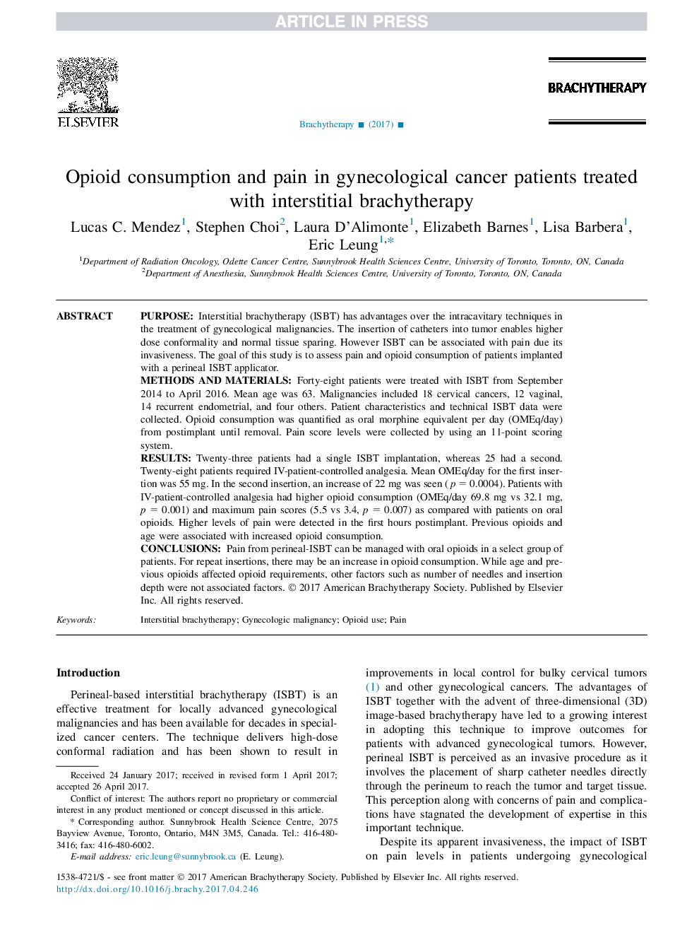 Opioid consumption and pain in gynecological cancer patients treated with interstitial brachytherapy