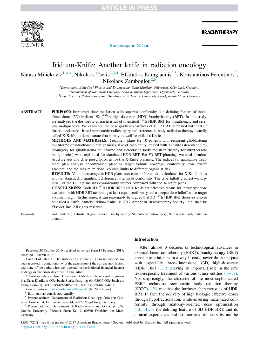 Iridium-Knife: Another knife in radiation oncology