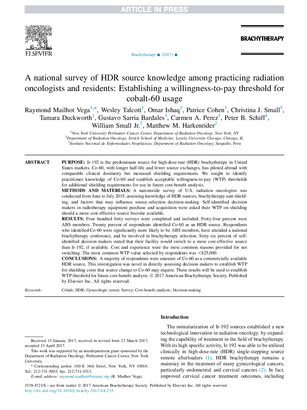 A national survey of HDR source knowledge among practicing radiation oncologists and residents: Establishing a willingness-to-pay threshold for cobalt-60 usage