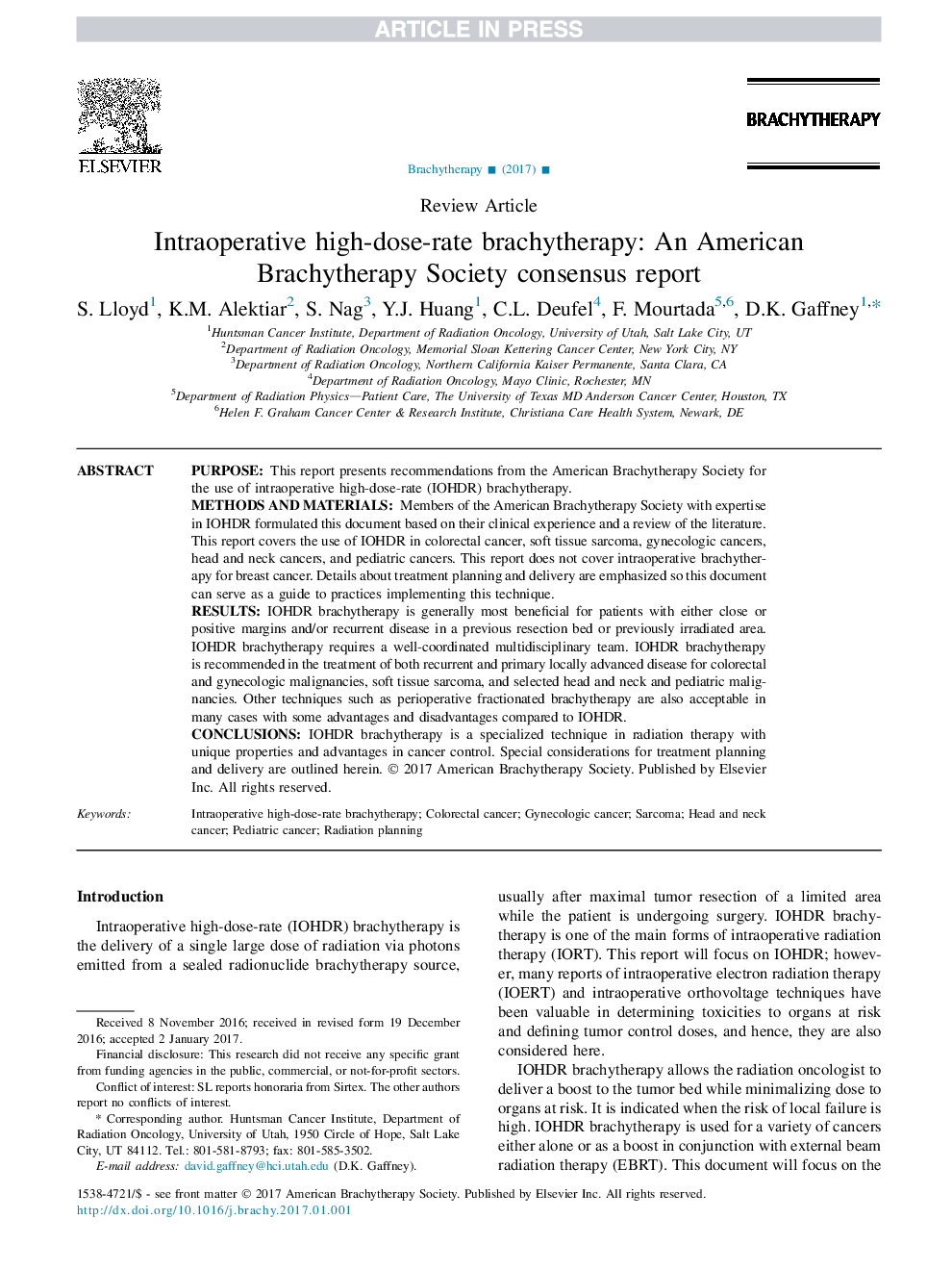 Intraoperative high-dose-rate brachytherapy: An American Brachytherapy Society consensus report