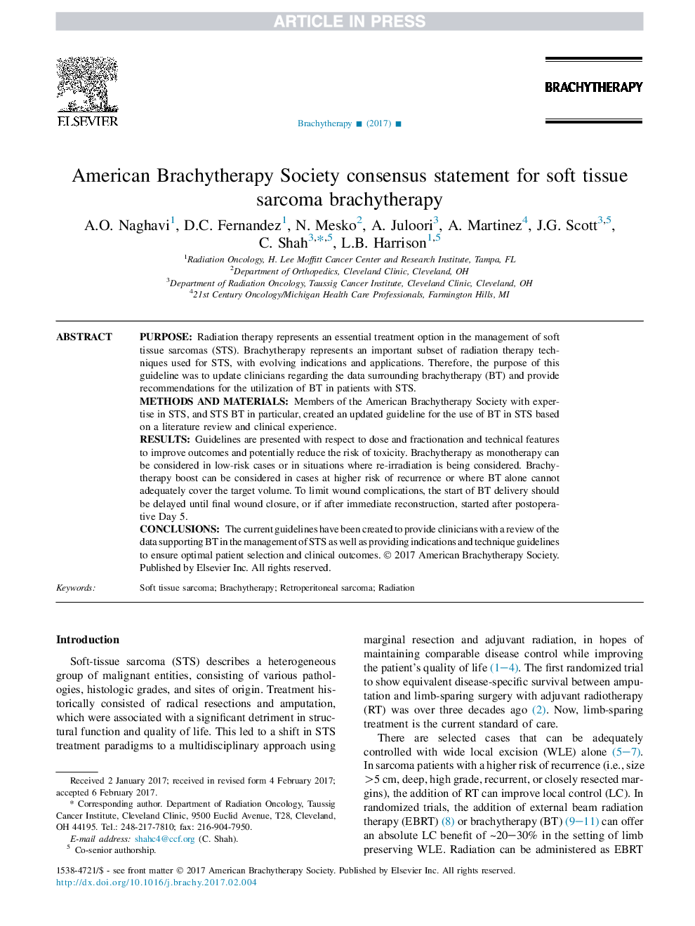 American Brachytherapy Society consensus statement for soft tissue sarcoma brachytherapy