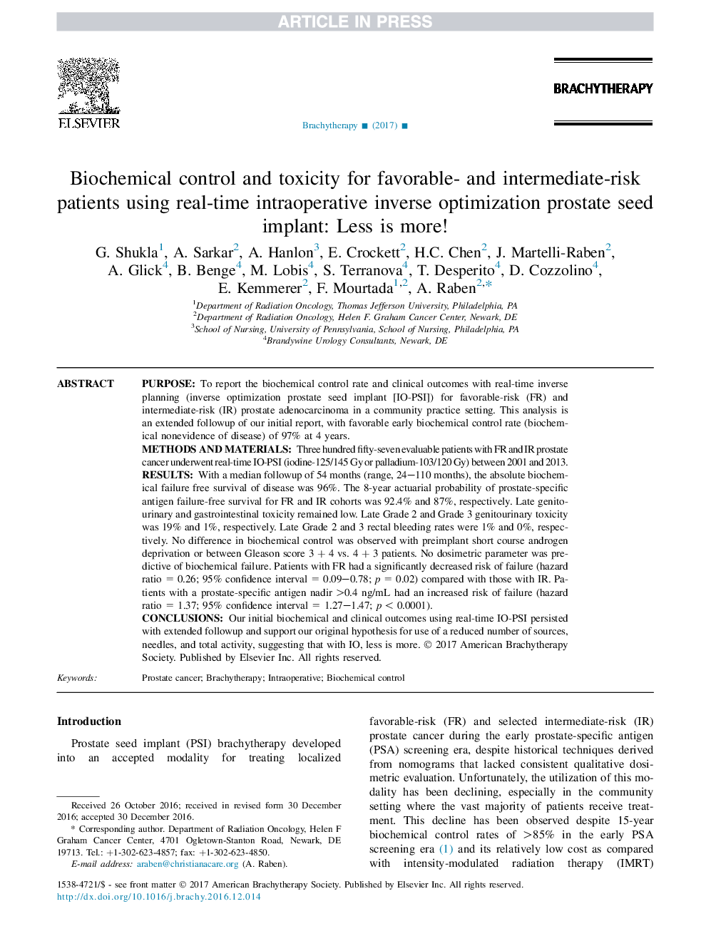 Biochemical control and toxicity for favorable- and intermediate-risk patients using real-time intraoperative inverse optimization prostate seed implant: Less is more!