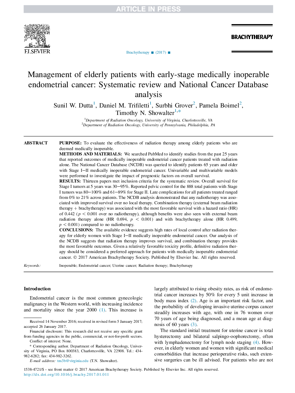 Management of elderly patients with early-stage medically inoperable endometrial cancer: Systematic review and National Cancer Database analysis