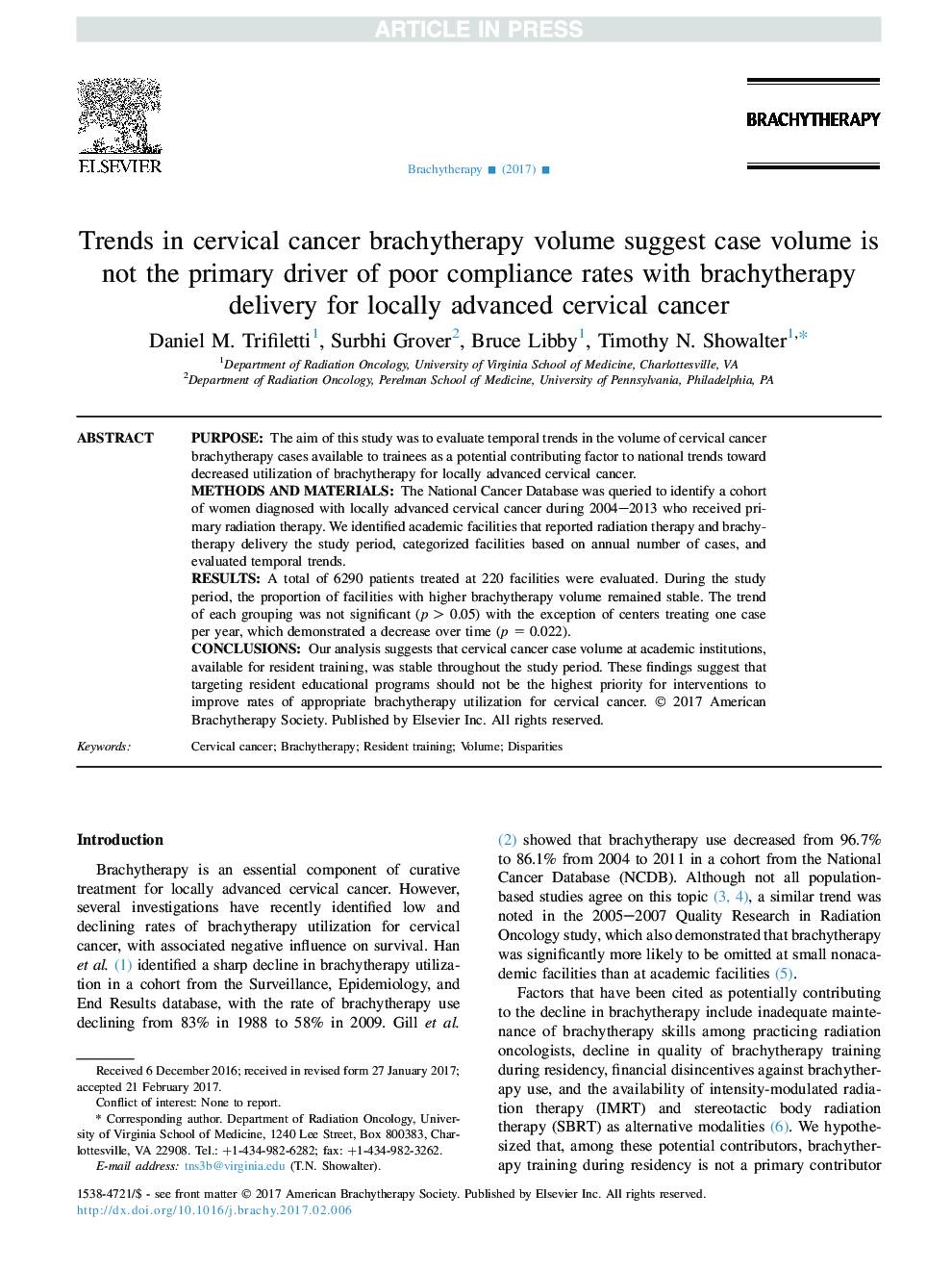 Trends in cervical cancer brachytherapy volume suggest case volume is not the primary driver of poor compliance rates with brachytherapy delivery for locally advanced cervical cancer