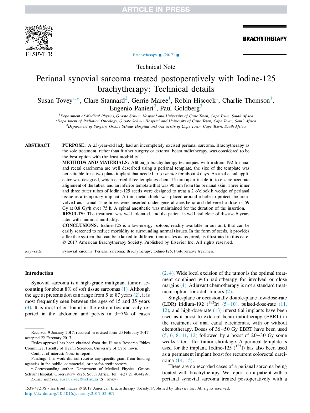 Perianal synovial sarcoma treated postoperatively with Iodine-125 brachytherapy: Technical details