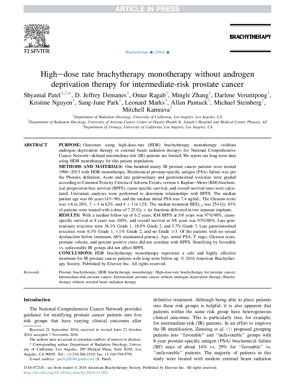 High-dose-rate brachytherapy monotherapy without androgen deprivation therapy for intermediate-risk prostate cancer