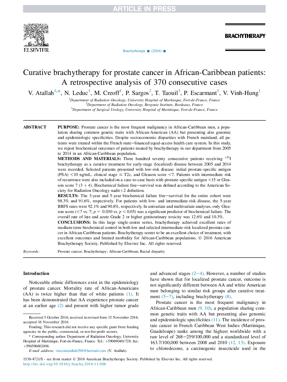 Curative brachytherapy for prostate cancer in African-Caribbean patients: A retrospective analysis of 370 consecutive cases