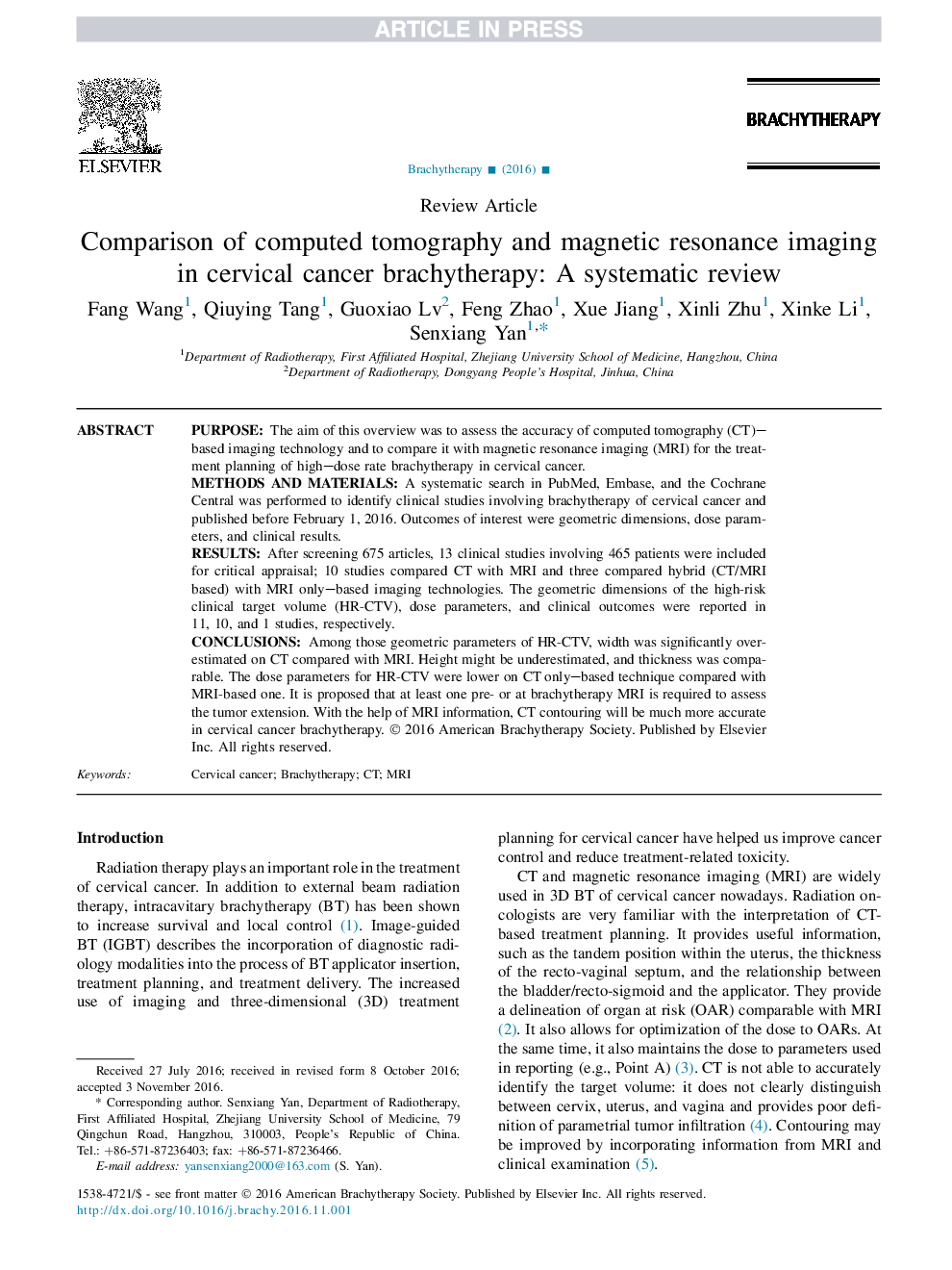 مقایسه توموگرافی کامپیوتری و تصویربرداری رزونانس مغناطیسی در برشیتراپی سرطان سرویکس: بررسی سیستماتیک 