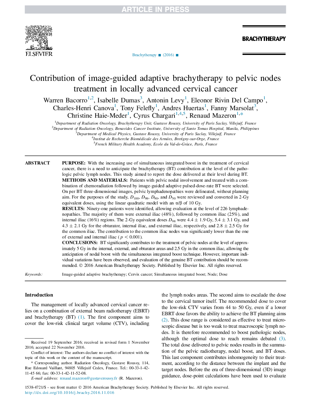 سهم براکی تراپی انعطاف پذیر توسط تصویر به درمان گره های لگن در سرطان موضعی پیشرفته گردن رحم 