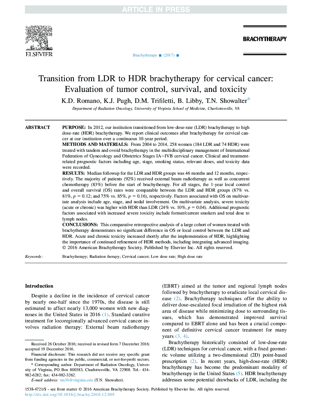 Transition from LDR to HDR brachytherapy for cervical cancer: Evaluation of tumor control, survival, and toxicity