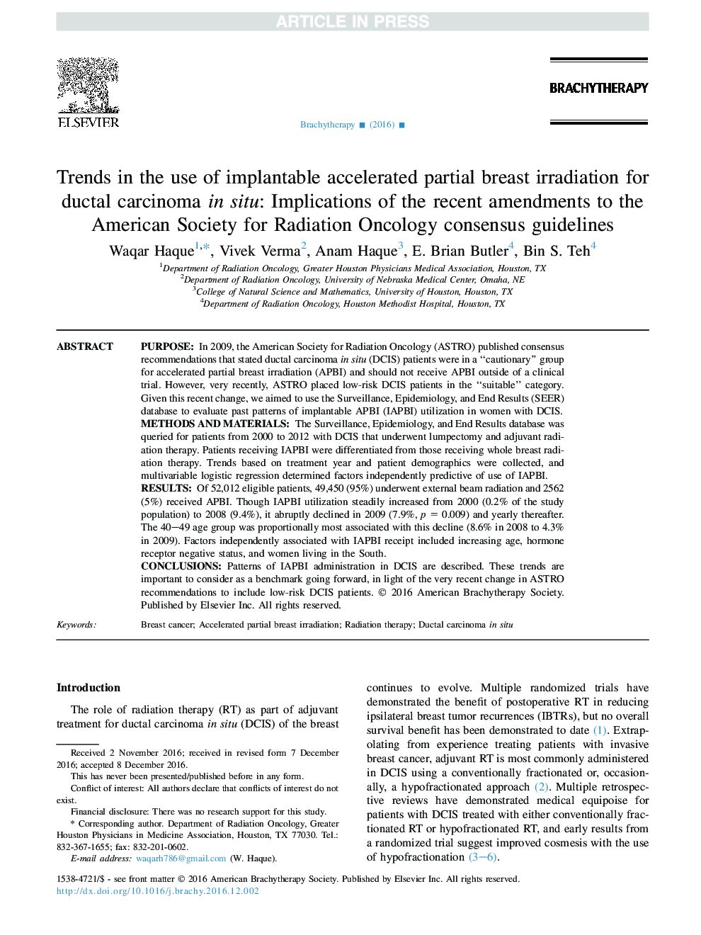 Trends in the use of implantable accelerated partial breast irradiation for ductal carcinoma in situ: Implications of the recent amendments to the American Society for Radiation Oncology consensus guidelines