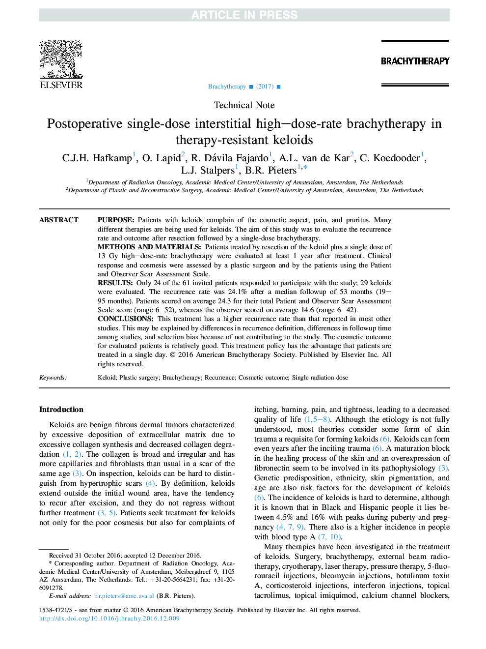 Postoperative single-dose interstitial high-dose-rate brachytherapy in therapy-resistant keloids