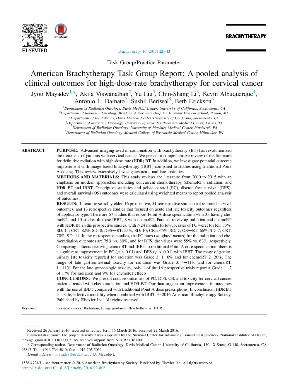 American Brachytherapy Task Group Report: A pooled analysis of clinical outcomes for high-dose-rate brachytherapy for cervical cancer