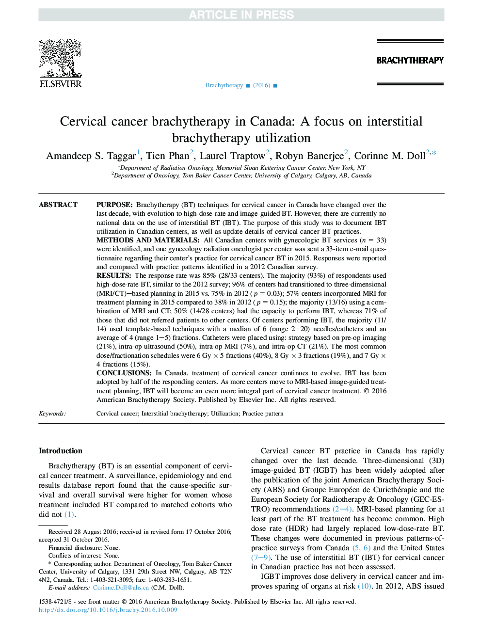 Cervical cancer brachytherapy in Canada: A focus on interstitial brachytherapy utilization