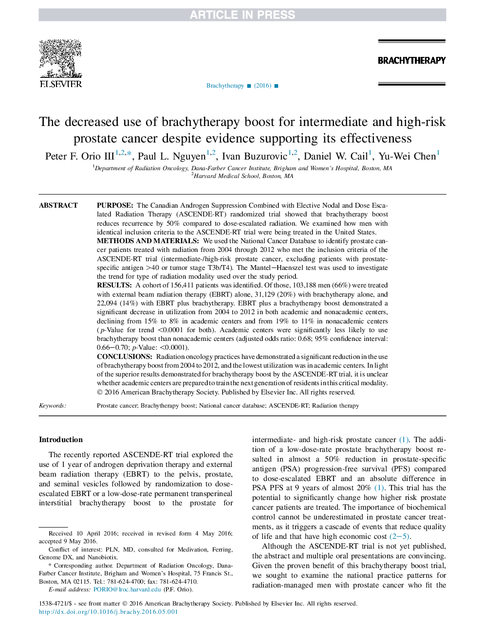 The decreased use of brachytherapy boost for intermediate and high-risk prostate cancer despite evidence supporting its effectiveness