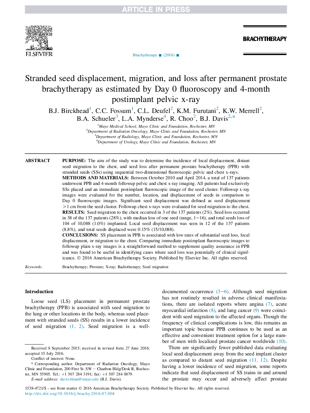 جابجایی بذر، مهاجرت و از دست دادن پس از براکیوتراپی پروستات دائمی به واسطه روز صفر فلوئورسکوپی و 4 ماهه پسماند پلانت لگن 