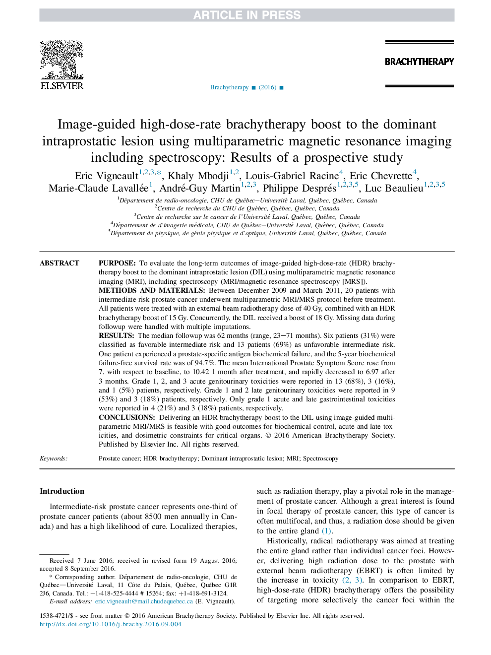 Image-guided high-dose-rate brachytherapy boost to the dominant intraprostatic lesion using multiparametric magnetic resonance imaging including spectroscopy: Results of a prospective study