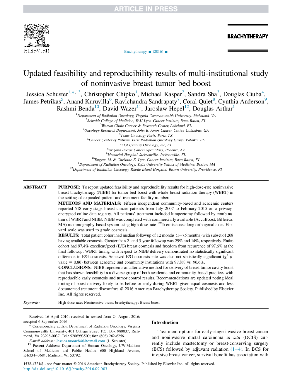 Updated feasibility and reproducibility results of multi-institutional study of noninvasive breast tumor bed boost