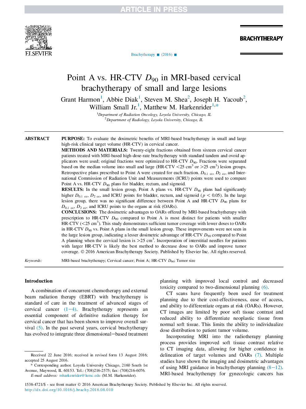 Point A vs. HR-CTV D90 in MRI-based cervical brachytherapy of small and large lesions