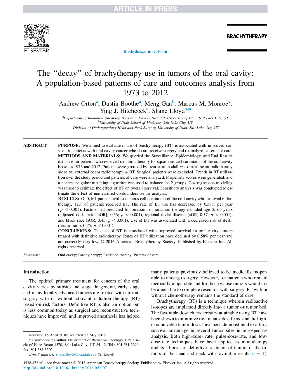 The “decay” of brachytherapy use in tumors of the oral cavity: A population-based patterns of care and outcomes analysis from 1973 to 2012