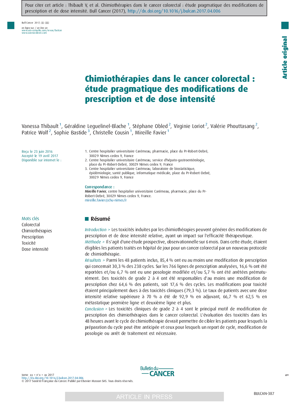 Chimiothérapies dans le cancer colorectalÂ : étude pragmatique des modifications de prescription et de dose intensité