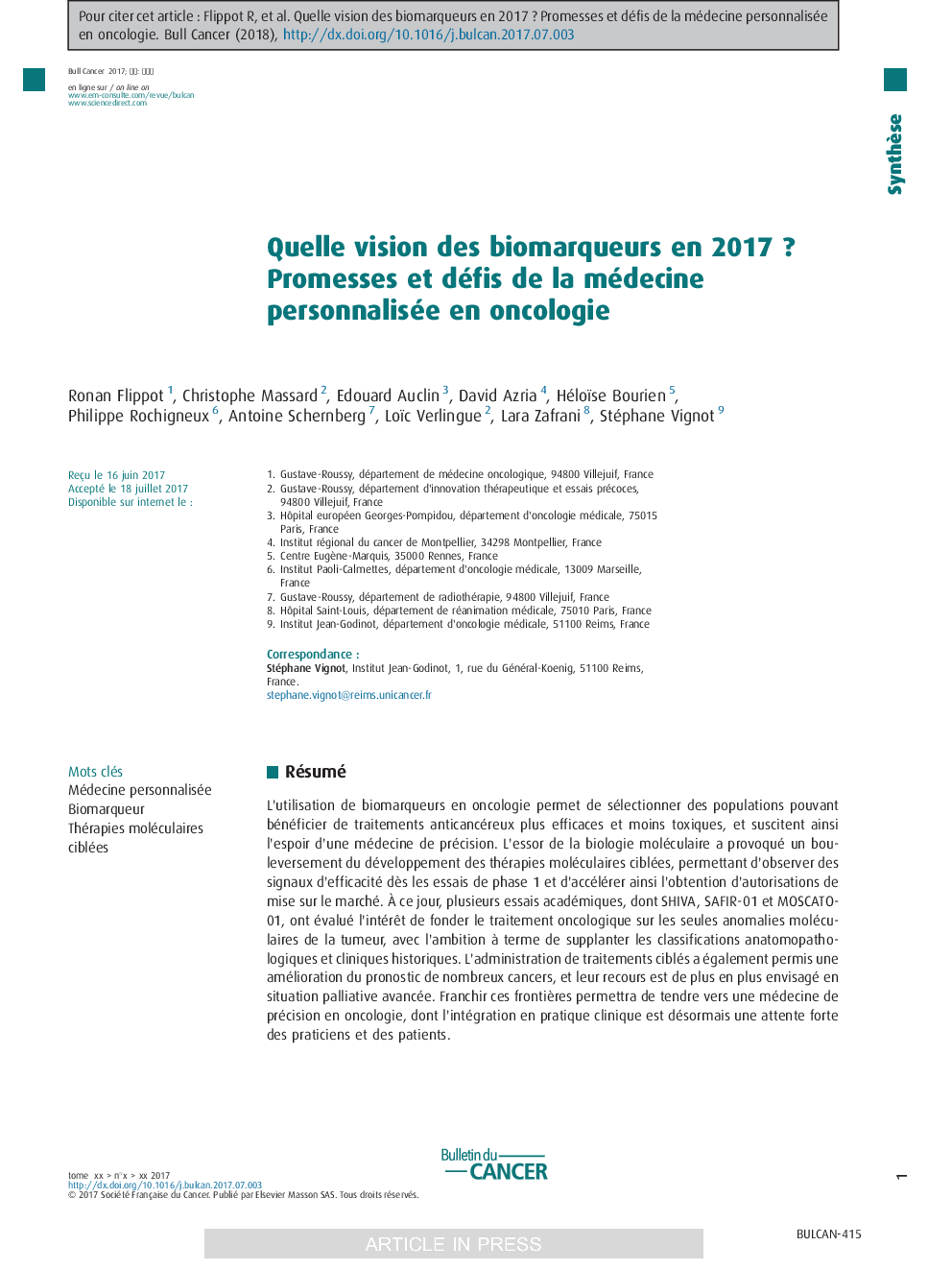 Quelle vision des biomarqueurs en 2017Â ? Promesses et défis de la médecine personnalisée en oncologie