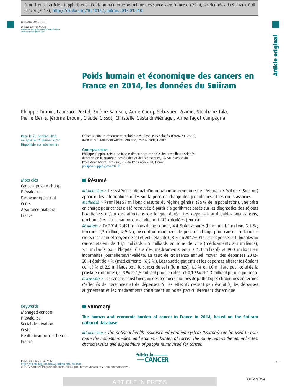 Poids humain et économique des cancers en France en 2014, les données du Sniiram