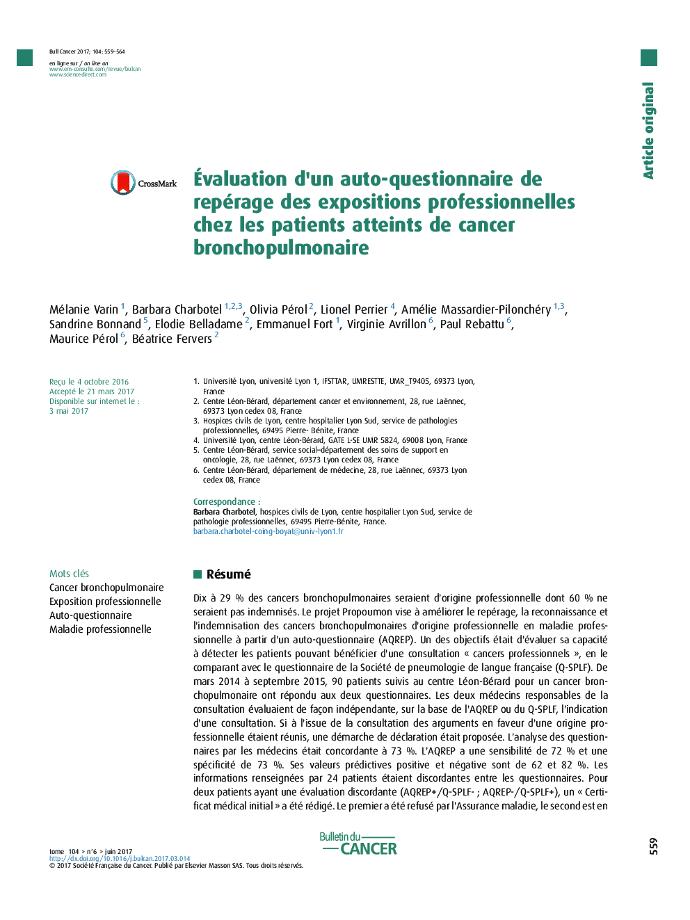 Ãvaluation d'un auto-questionnaire de repérage des expositions professionnelles chez les patients atteints de cancer bronchopulmonaire