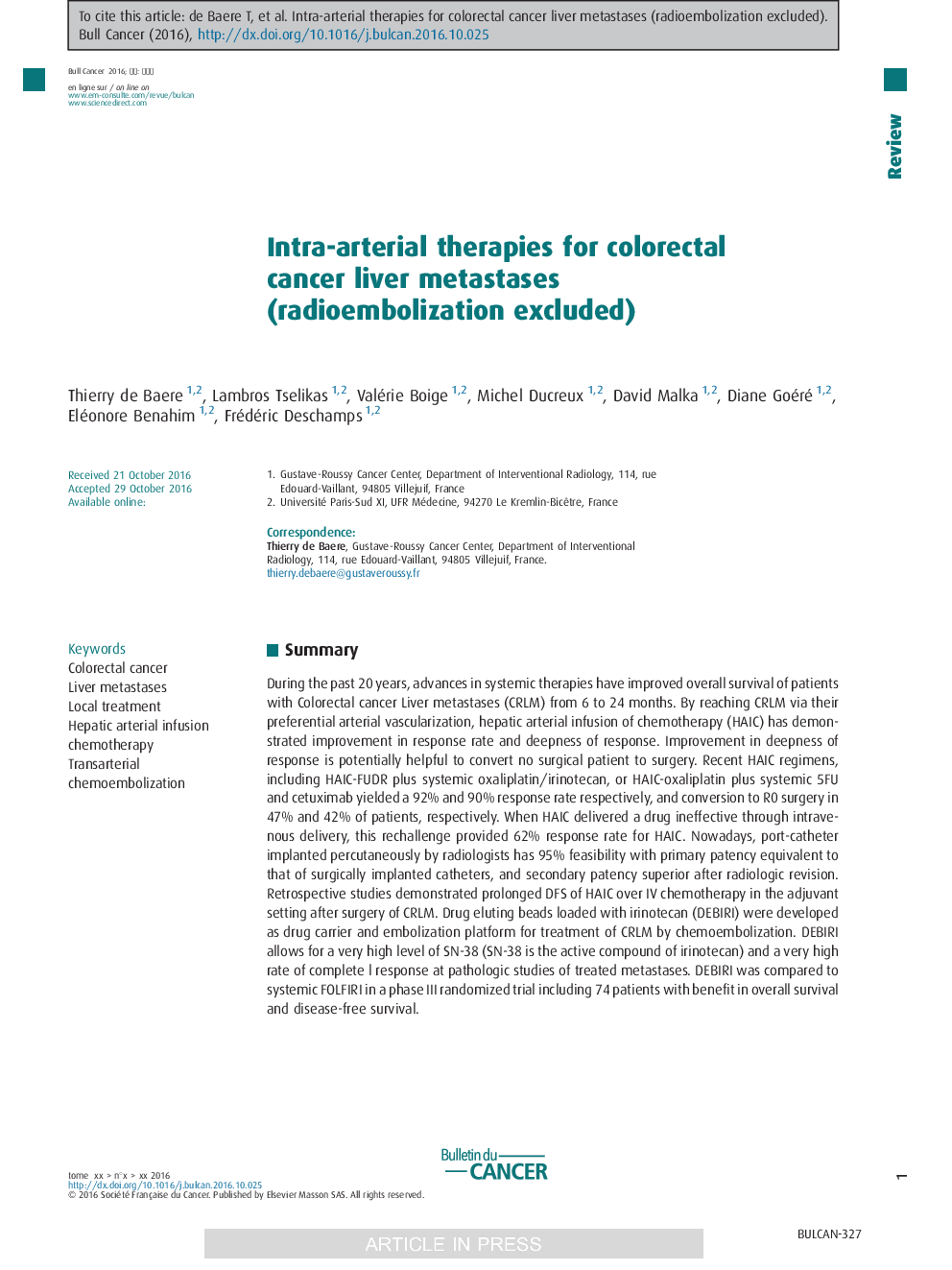 Intra-arterial therapies for colorectal cancer liver metastases (radioembolization excluded)